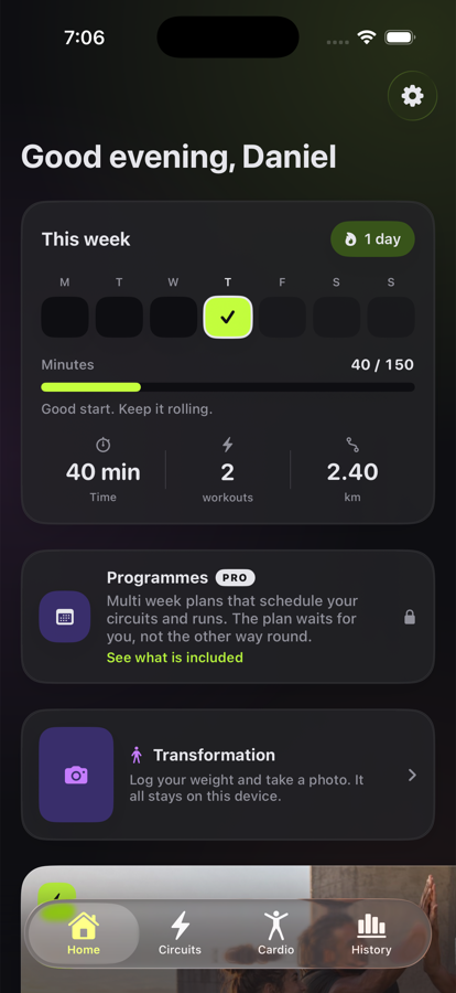 Ginga weekly training dashboard in dark mode