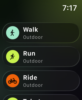 Ginga activity picker on Apple Watch